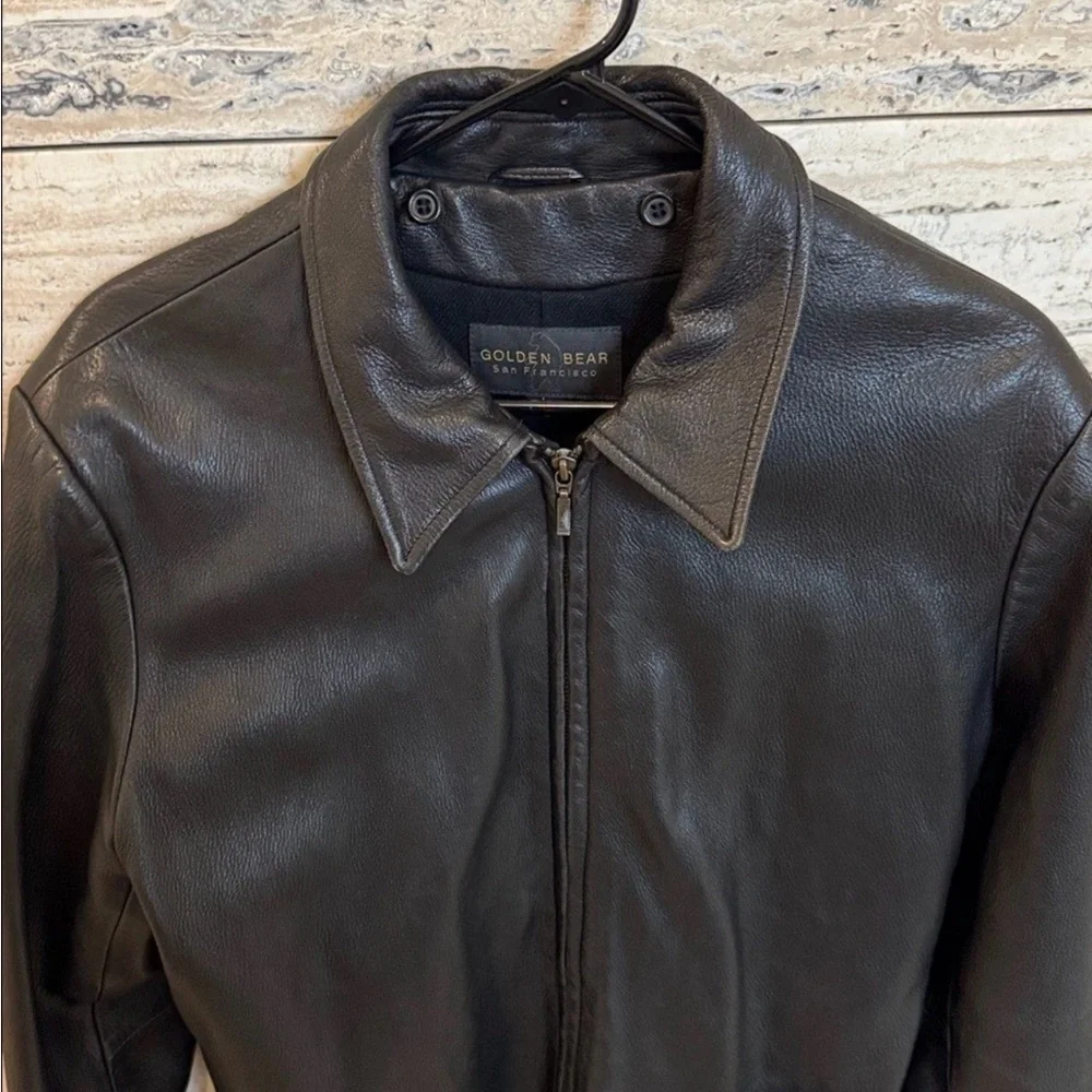Golden‎ Bear Men's Large Leather Jacket Black Wool Lined USA Made Front Zip Coat